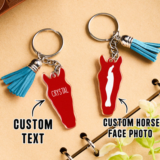 Personalised horse face acrylic keyring with tassel front view on white background showing horse facial design and metal ring