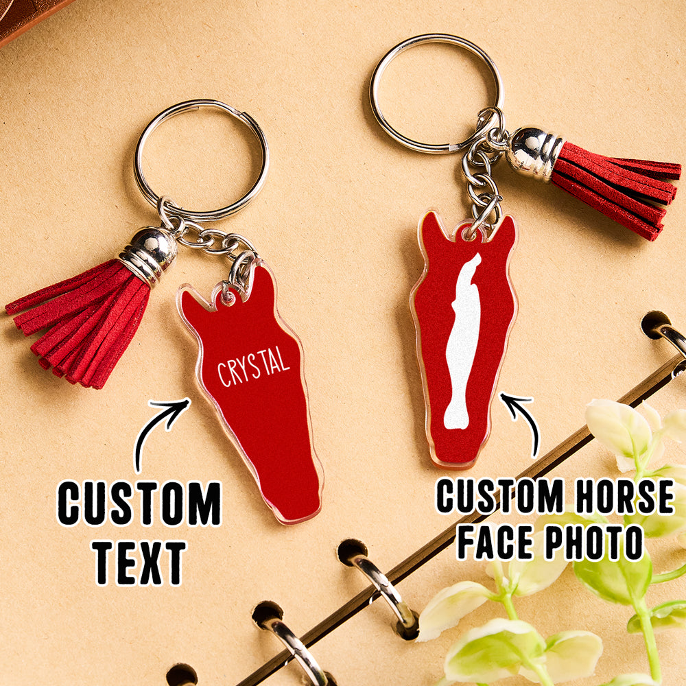 Personalised horse face acrylic keyring with tassel close up of printed horse face for custom text clarity