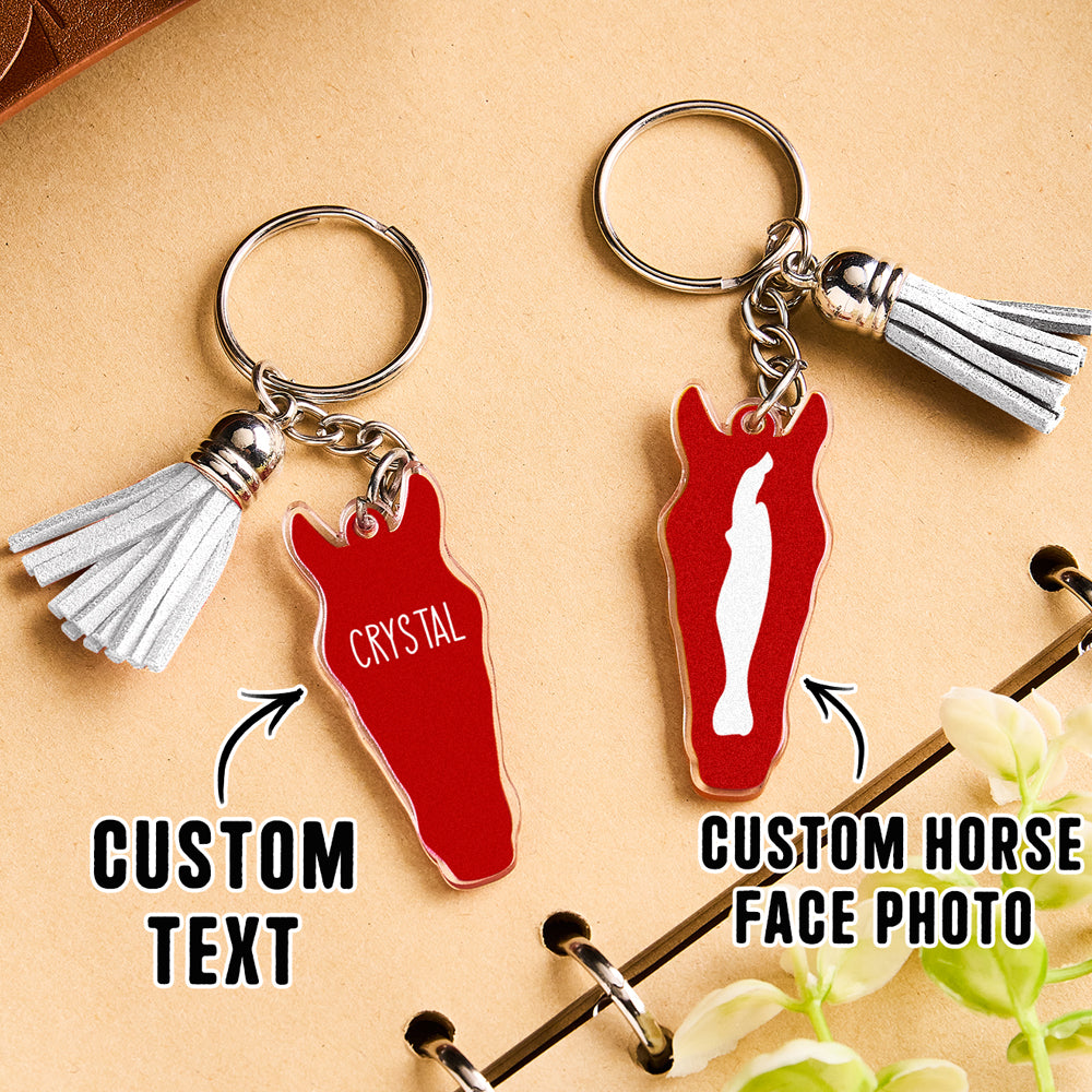 Personalised horse face acrylic keyring with tassel tassel colour options displayed for personalised keychain gifts