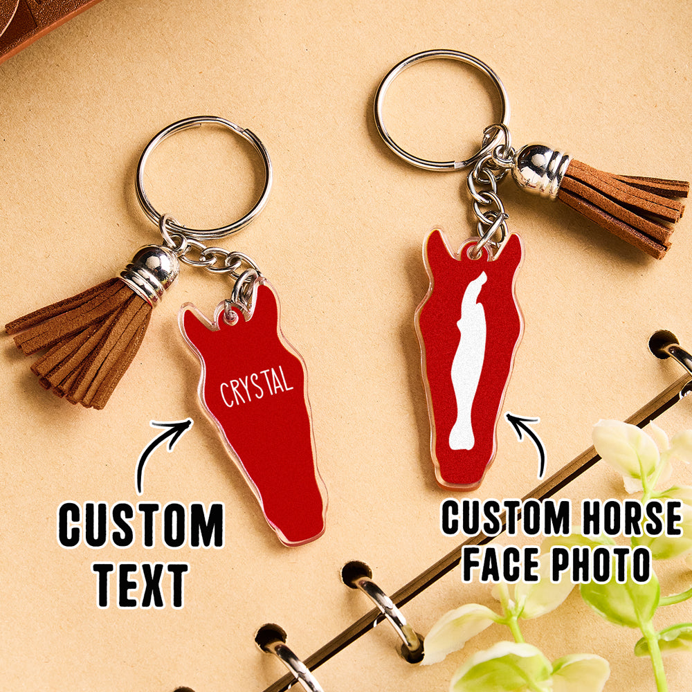 Personalised horse face acrylic keyring with tassel size comparison with ruler showing 5cm by 2cm charm dimensions