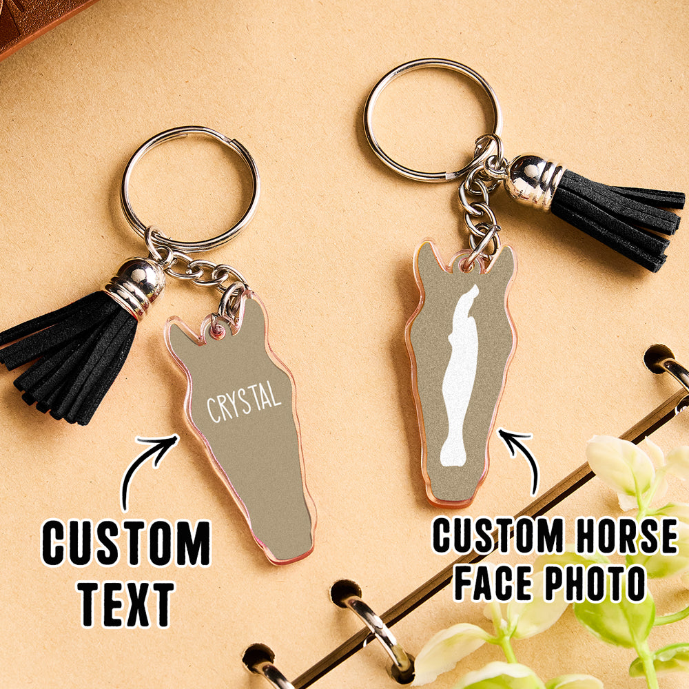 Personalised horse face acrylic keyring with tassel attached to house keys demonstrating everyday use