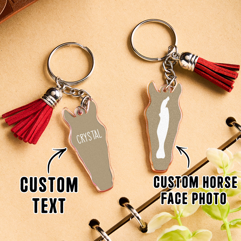 Personalised horse face acrylic keyring with tassel close up of font and engraving options for custom names or quotes
