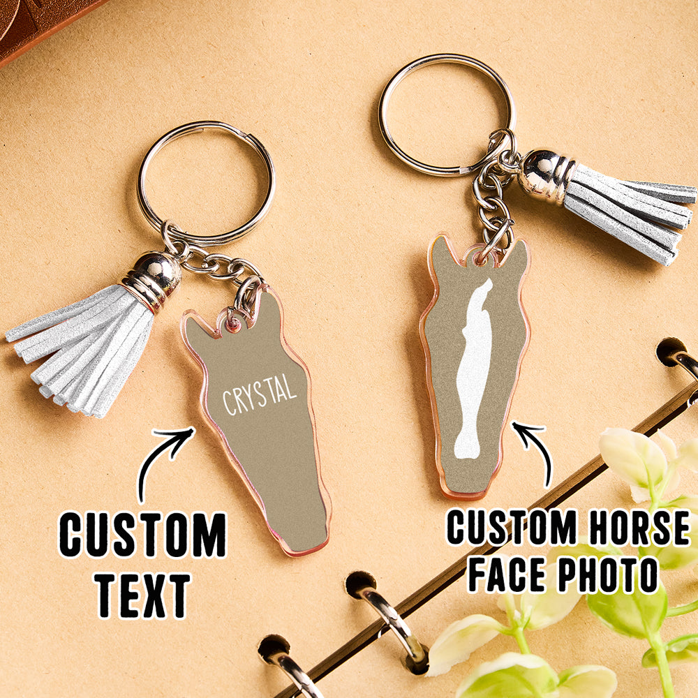 Personalised horse face acrylic keyring with tassel boxed presentation with gift tag for weddings and birthdays