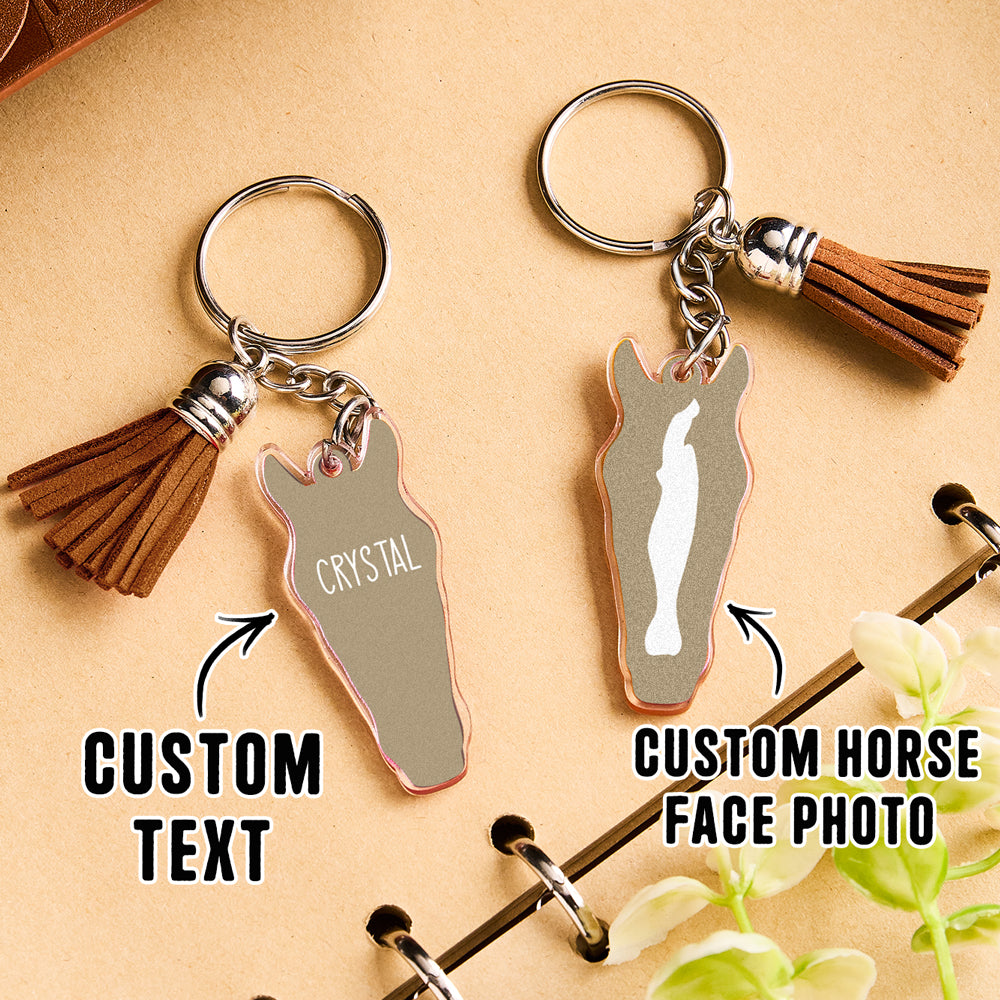 Personalised horse face acrylic keyring with tassel lifestyle shot of customer holding personalised keychain