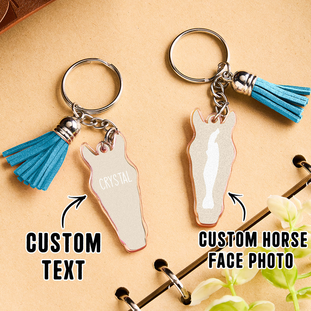 Personalised horse face acrylic keyring with tassel close up showing acrylic edge thickness and finish