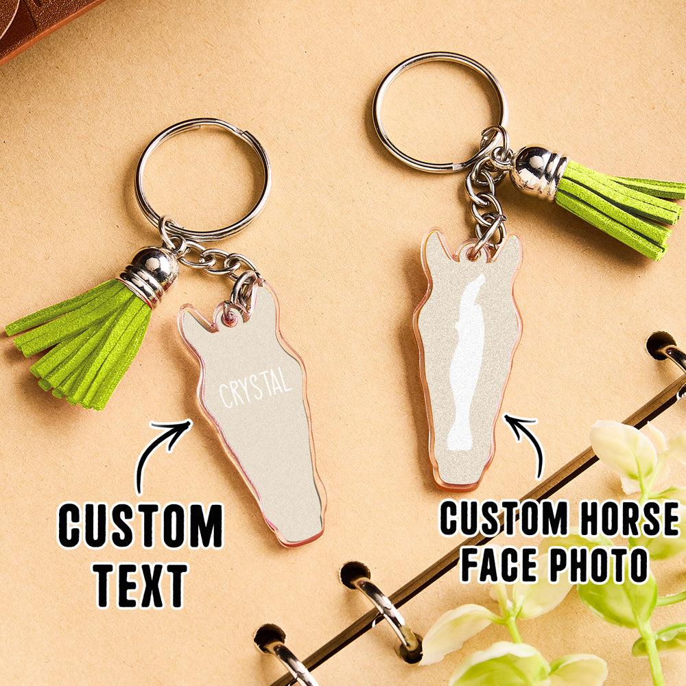 Personalised horse face acrylic keyring with tassel detailed tassel texture and colour close up
