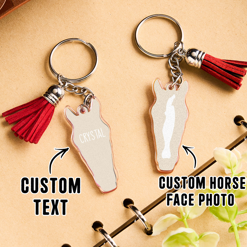 Personalised horse face acrylic keyring with tassel selection of tassel colours laid out to show variety