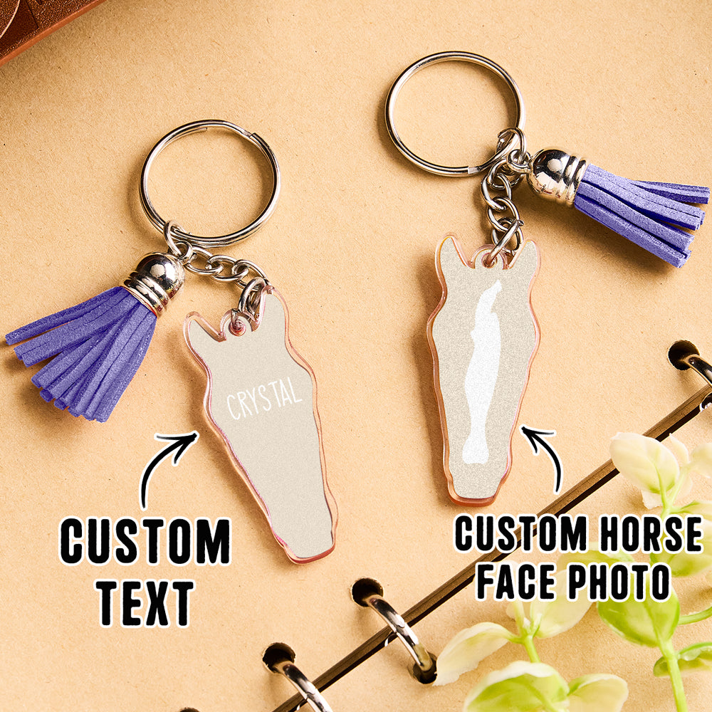 Personalised horse face acrylic keyring with tassel quality inspection close up before dispatch to customers