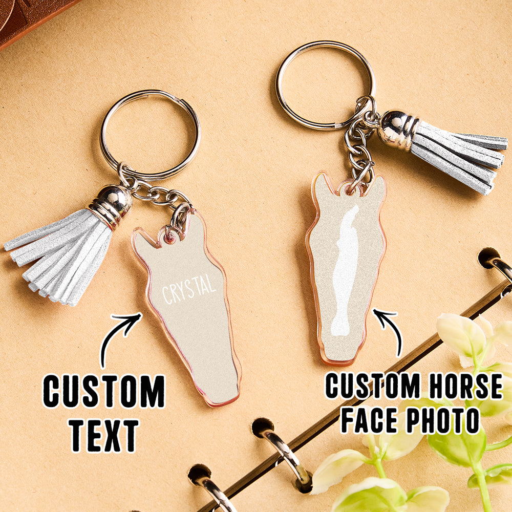 Personalised horse face acrylic keyring with tassel attached to car keys demonstrating practical everyday use