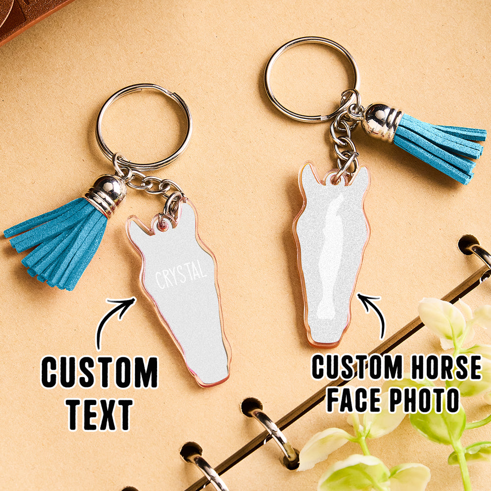 Personalised horse face acrylic keyring with tassel multiple keyrings in a row showing design consistency and choice