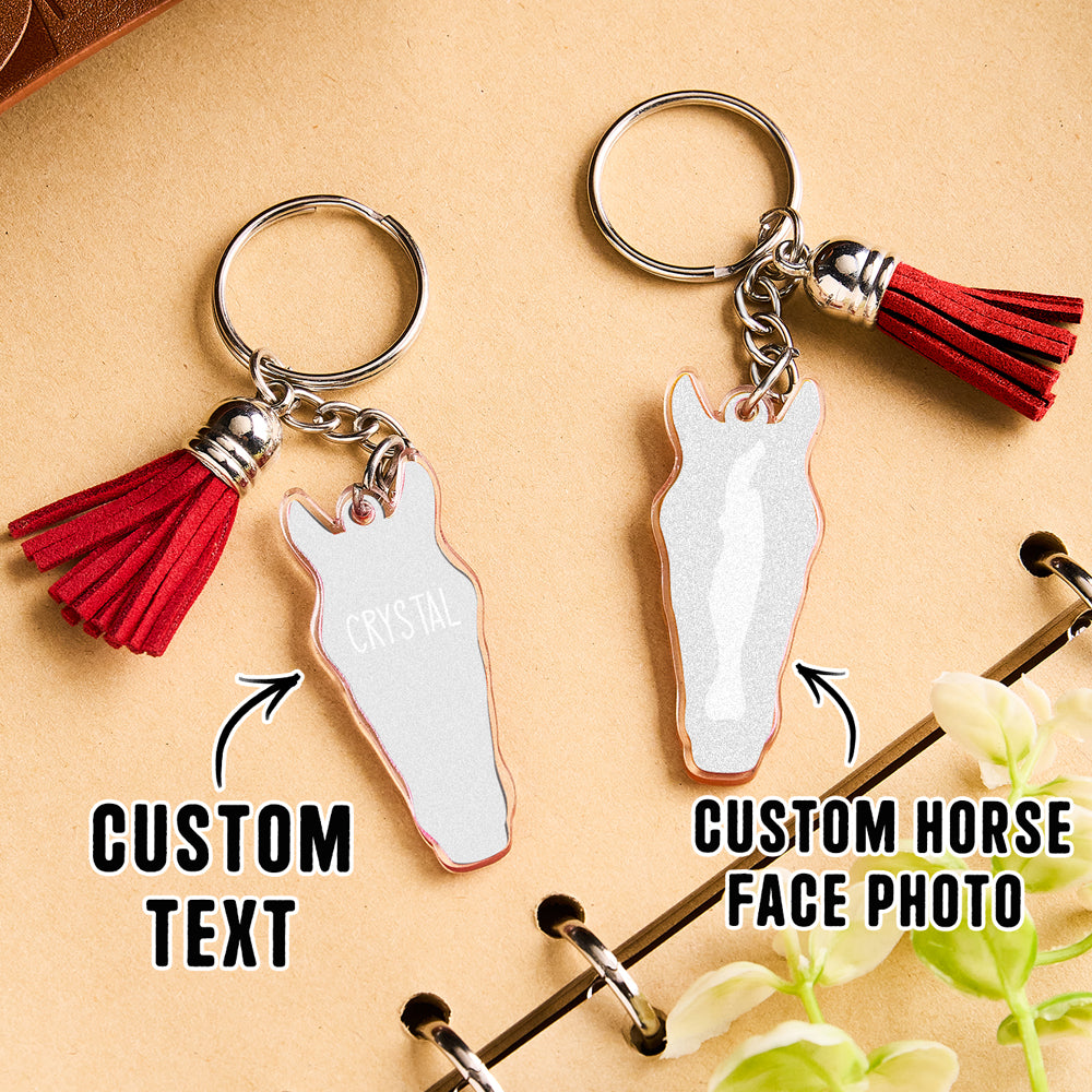 Personalised horse face acrylic keyring with tassel reflective sheen detail highlighting high quality acrylic finish