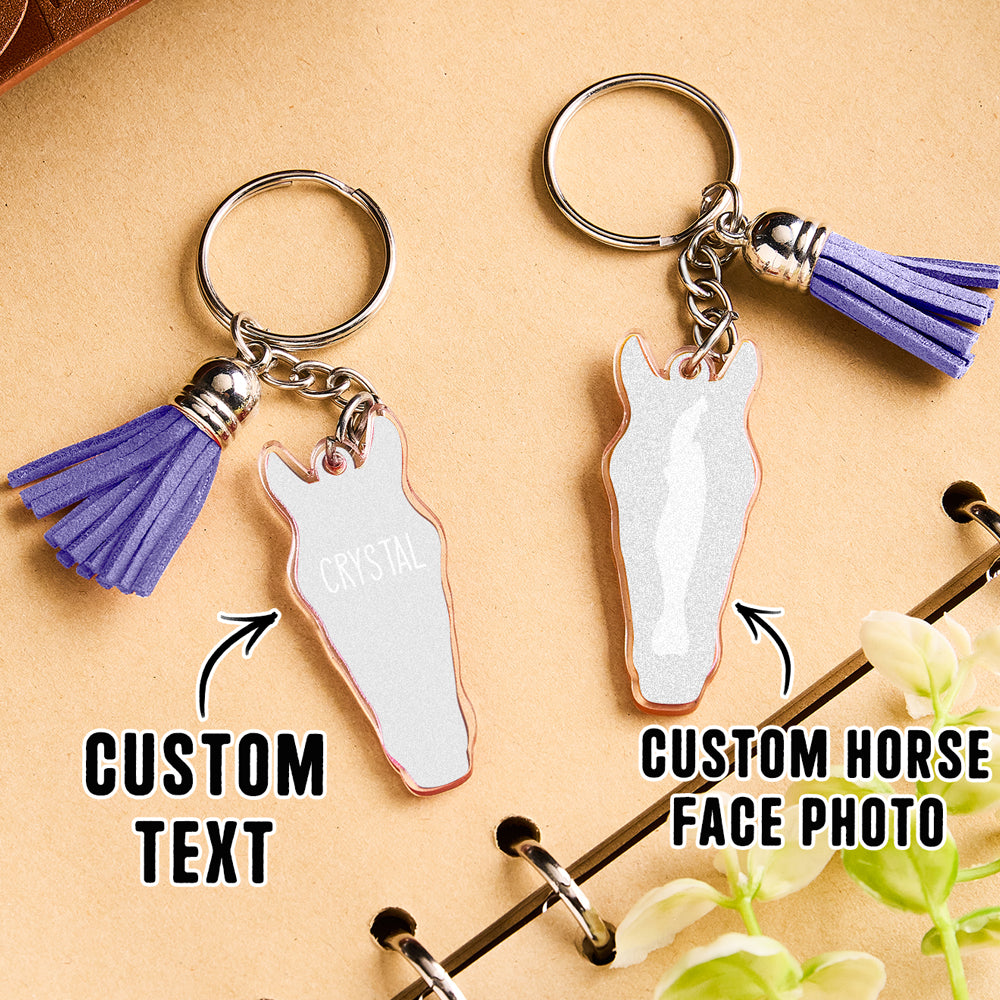 Personalised horse face acrylic keyring with tassel hanging on a door handle as a decorative personalised tag
