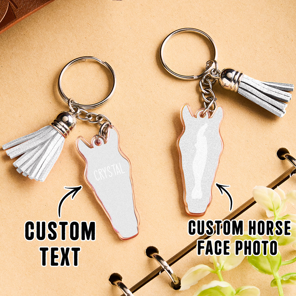 Personalised horse face acrylic keyring with tassel worn on a wristlet strap showing wearable charm use