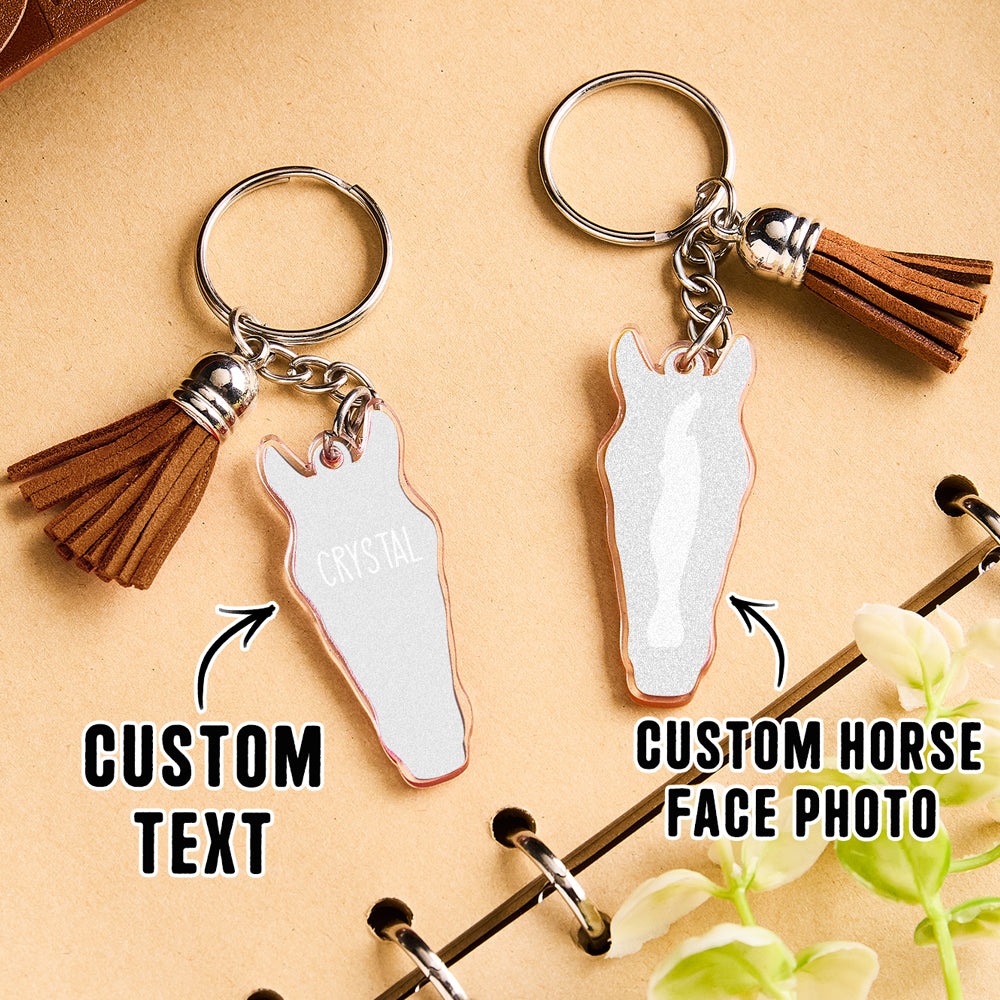 Personalised horse face acrylic keyring with tassel close up of crisp printing and colour accuracy on acrylic