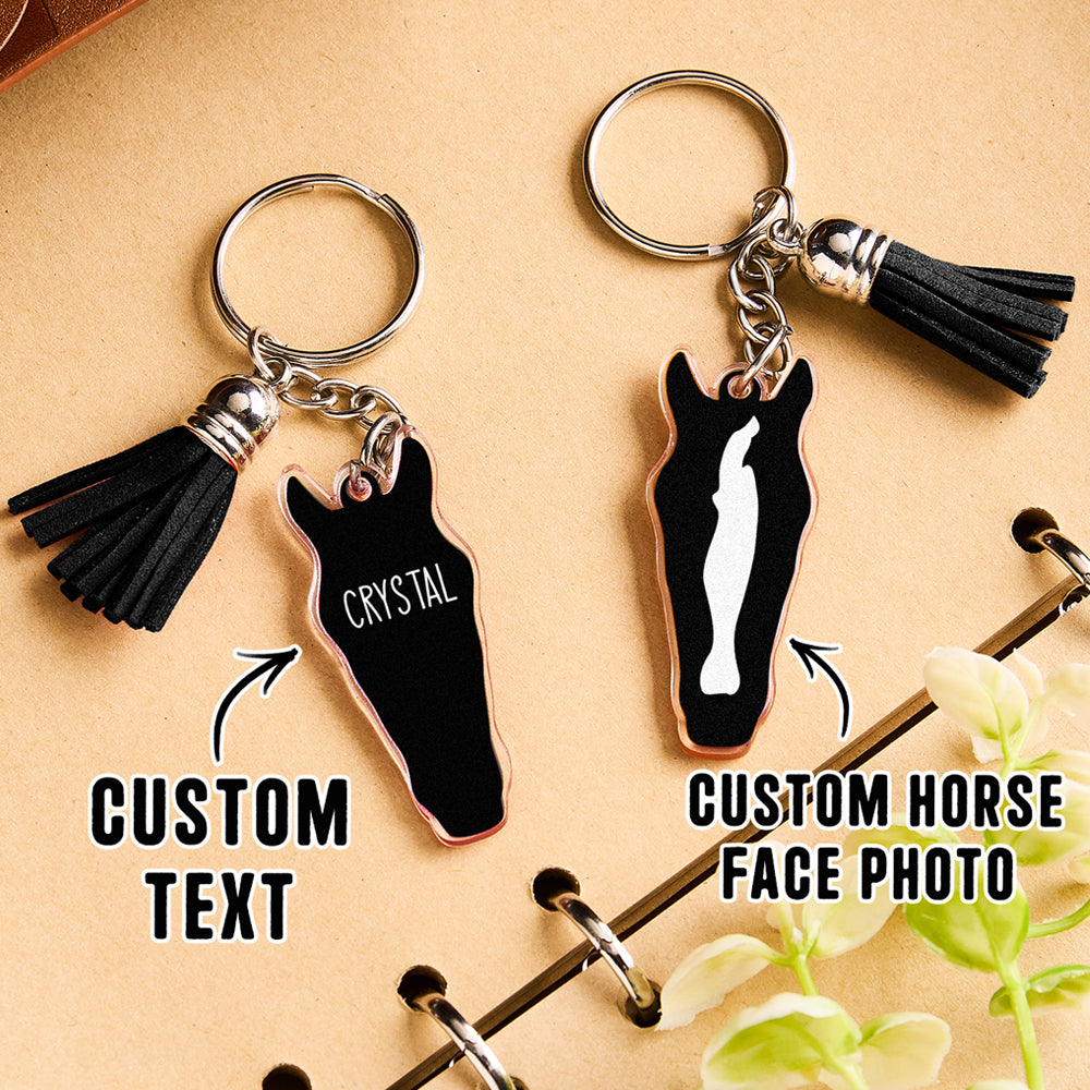 Personalised horse face acrylic keyring with tassel gift idea flat lay with floral background for special occasions