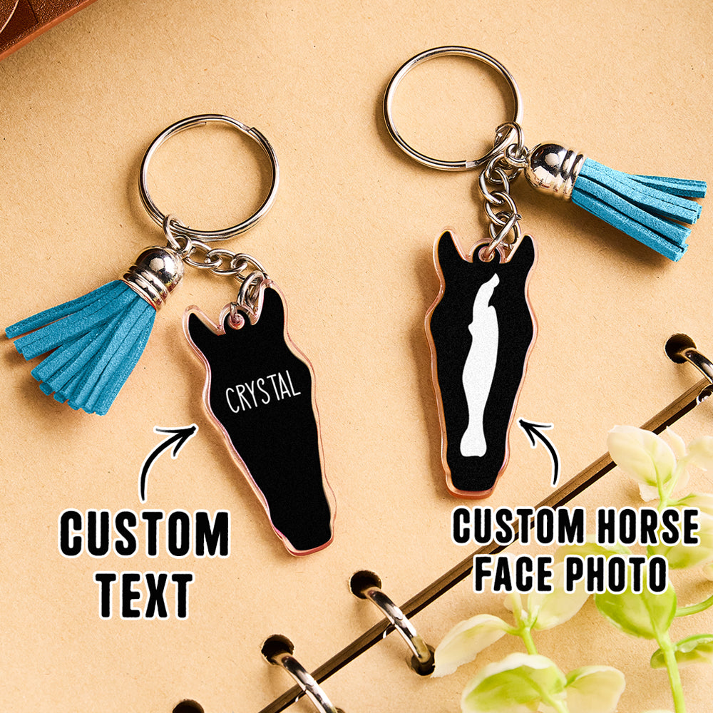 Personalised horse face acrylic keyring with tassel illustrated measurement graphic showing 5cm x 2cm charm size