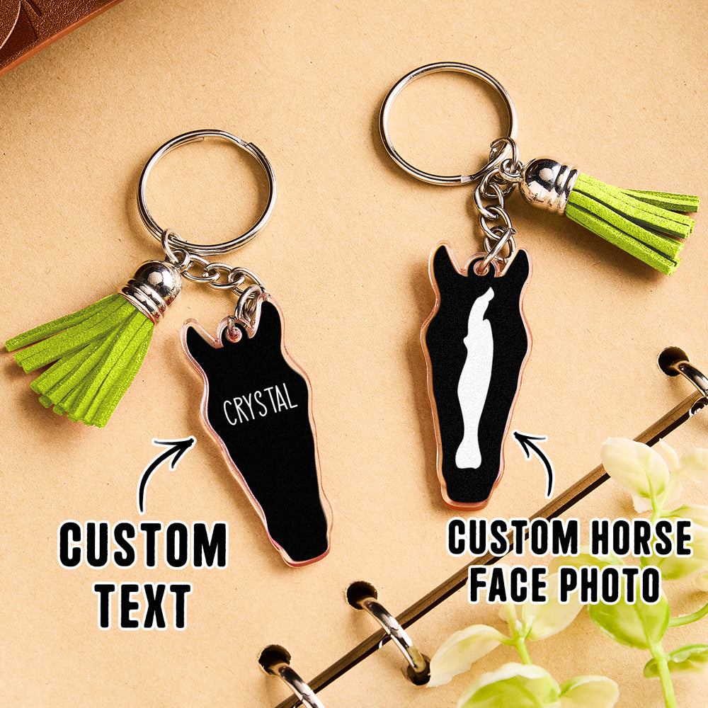 Personalised horse face acrylic keyring with tassel pink tassel variant styled for feminine personalised gifts