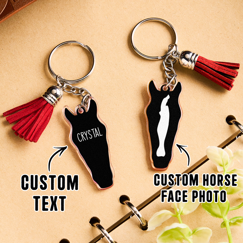 Personalised horse face acrylic keyring with tassel blue tassel colour option shown for custom keychain choices