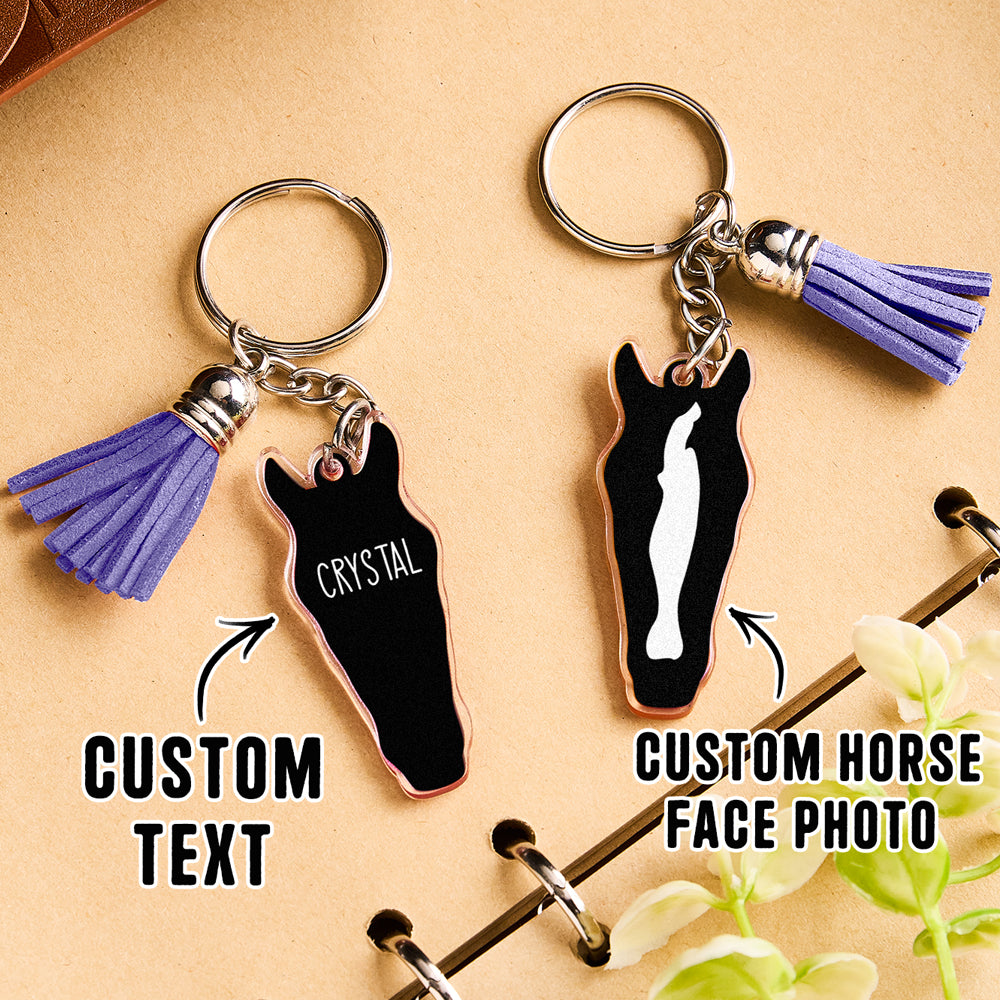 Personalised horse face acrylic keyring with tassel black tassel variant displayed for classic personalised keepsakes