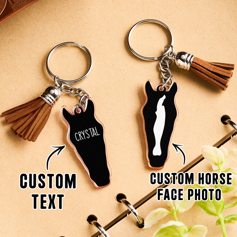 Personalised horse face acrylic keyring with tassel silver metal fittings option detailed view