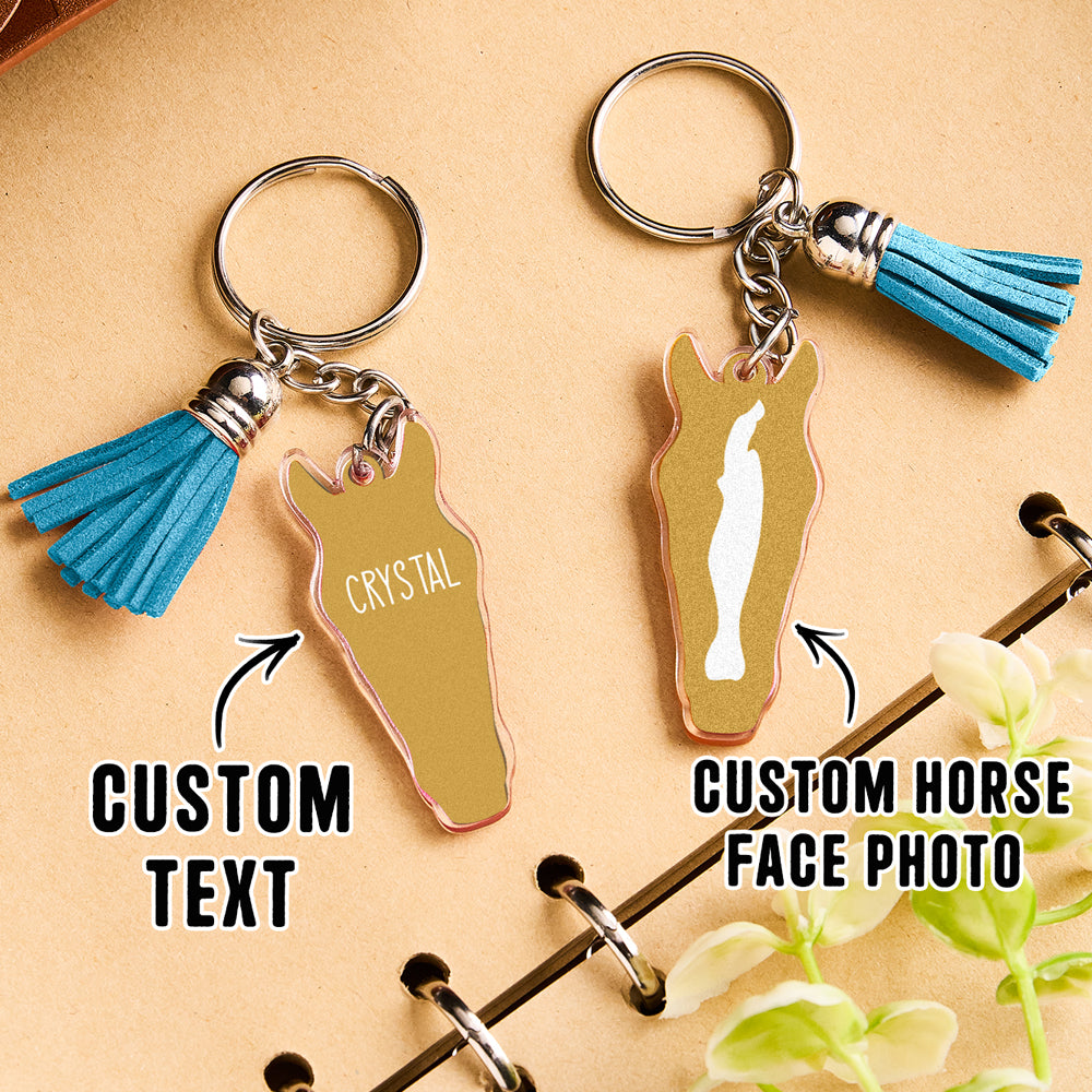 Personalised horse face acrylic keyring with tassel customer unboxing image revealing personalised keepsake inside box