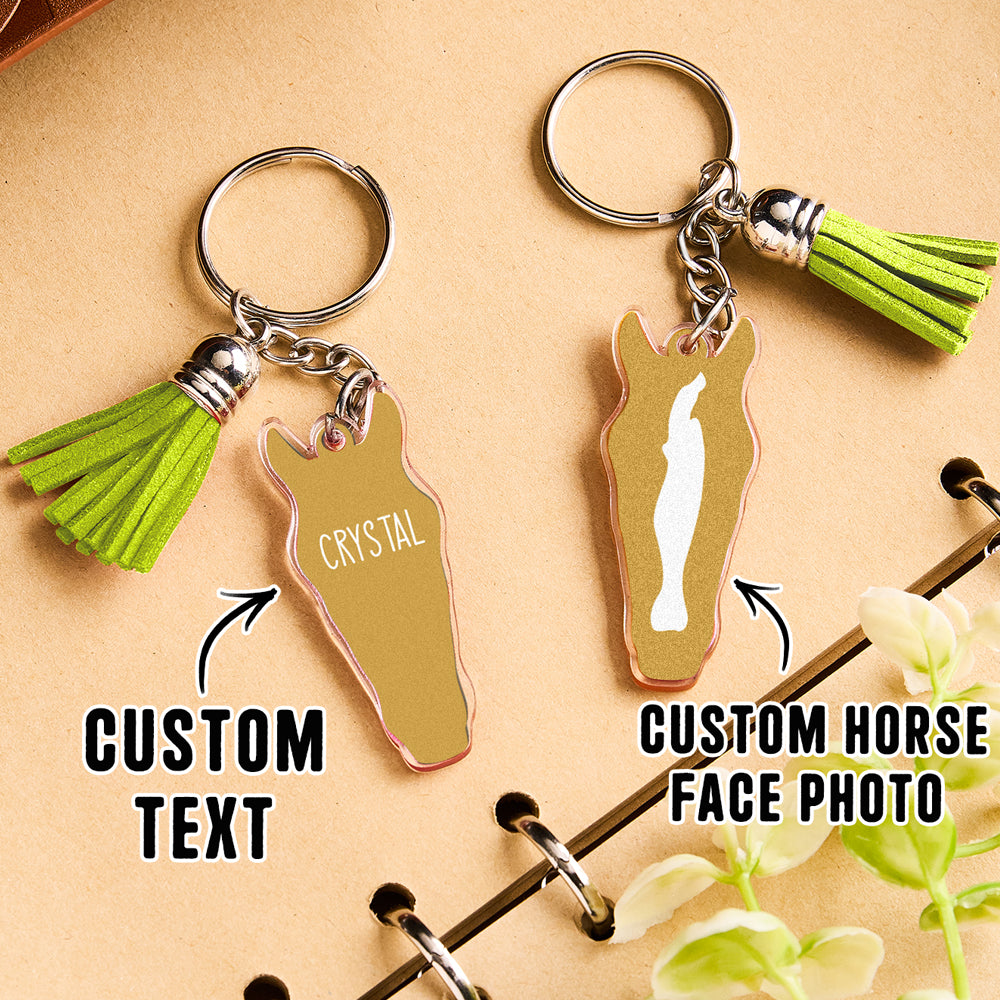Personalised horse face acrylic keyring with tassel promotional flat lay featuring accessories and gift styling ideas