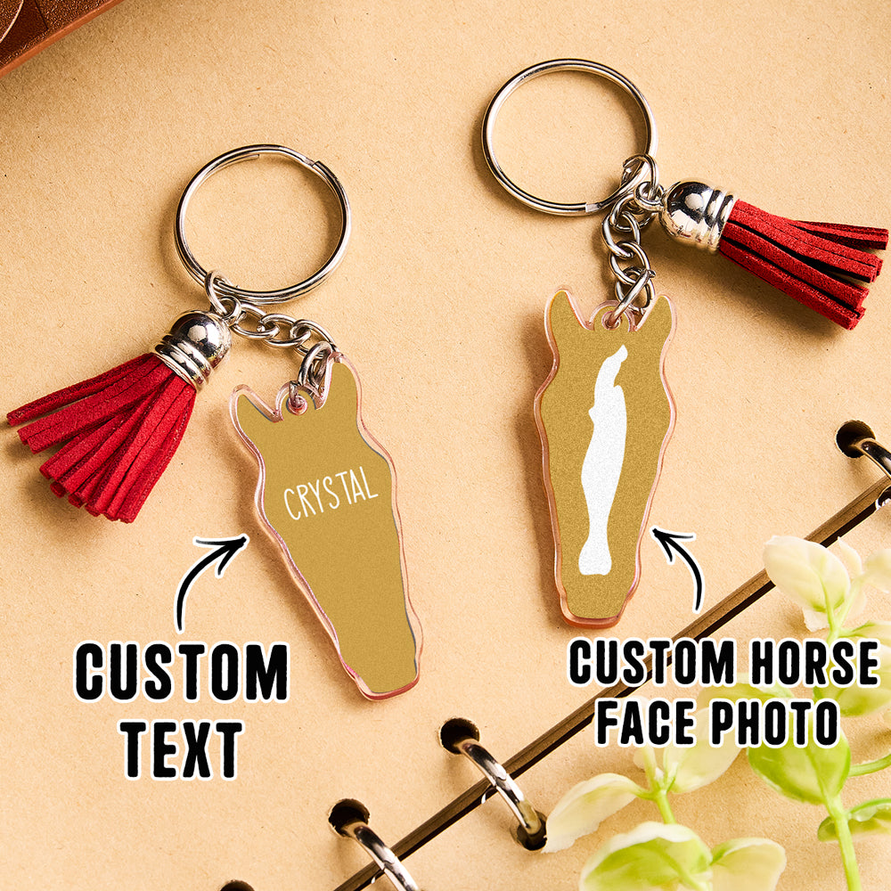 Personalised horse face acrylic keyring with tassel promotional flat lay featuring accessories and gift styling ideas