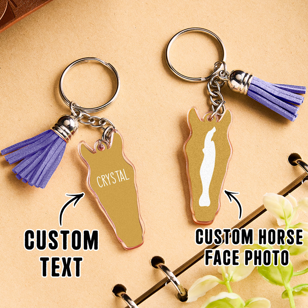 Personalised horse face acrylic keyring with tassel two keyrings showing front and reverse personalised design views