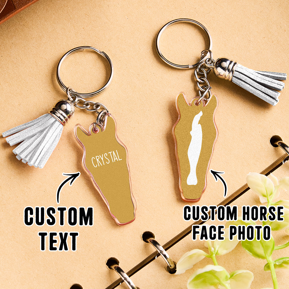 Personalised horse face acrylic keyring with tassel final product shot with branded card ideal for gifting