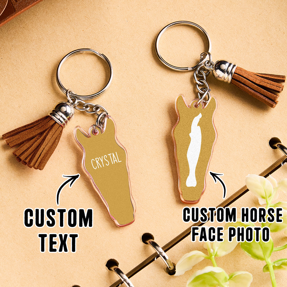 Personalised Horse Face Acrylic Keyring with Tassel — Custom Text Gift for Horse Lovers