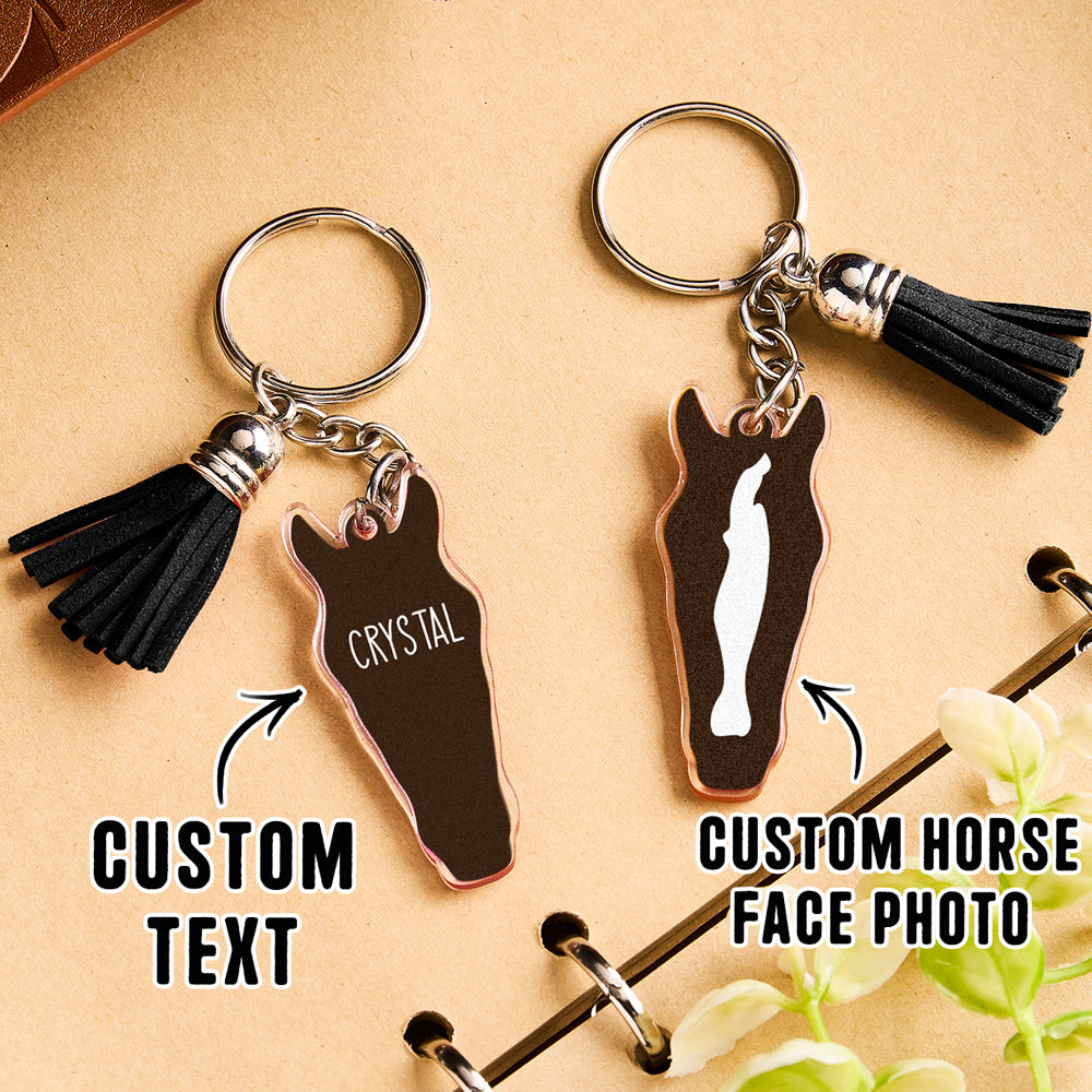 Personalised Horse Face Acrylic Keyring with Tassel — Custom Text Gift for Horse Lovers
