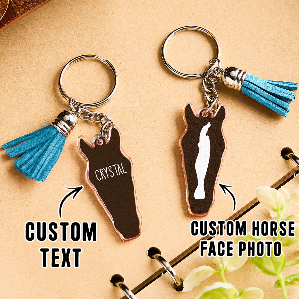 Personalised Horse Face Acrylic Keyring with Tassel — Custom Text Gift for Horse Lovers