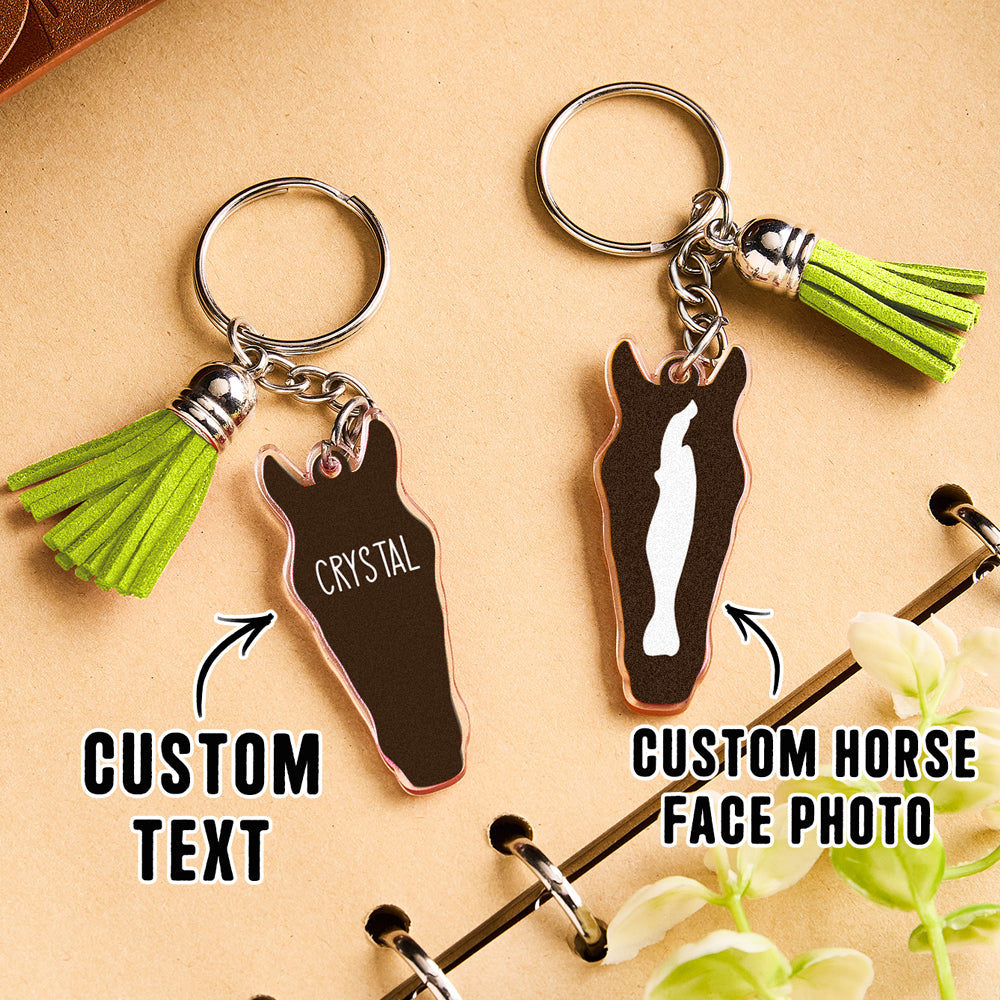 Personalised Horse Face Acrylic Keyring with Tassel — Custom Text Gift for Horse Lovers