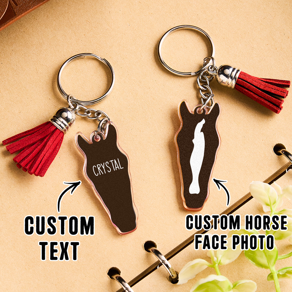 Personalised Horse Face Acrylic Keyring with Tassel — Custom Text Gift for Horse Lovers