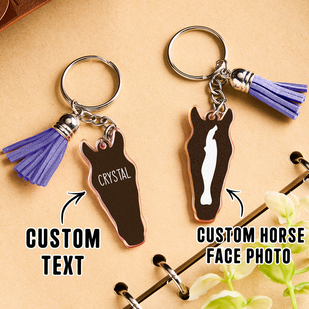 Personalised Horse Face Acrylic Keyring with Tassel — Custom Text Gift for Horse Lovers