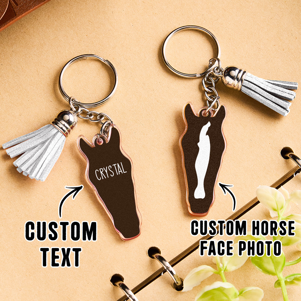 Personalised Horse Face Acrylic Keyring with Tassel — Custom Text Gift for Horse Lovers