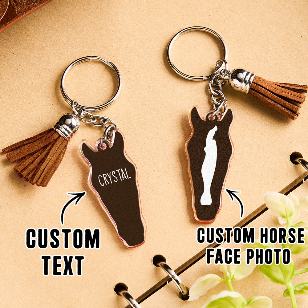 Personalised Horse Face Acrylic Keyring with Tassel — Custom Text Gift for Horse Lovers