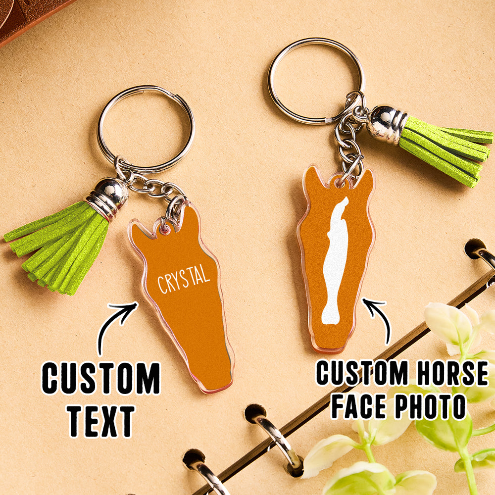 Personalised Horse Face Acrylic Keyring with Tassel — Custom Text Gift for Horse Lovers