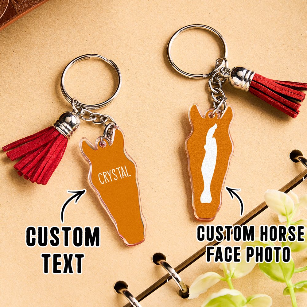 Personalised Horse Face Acrylic Keyring with Tassel — Custom Text Gift for Horse Lovers