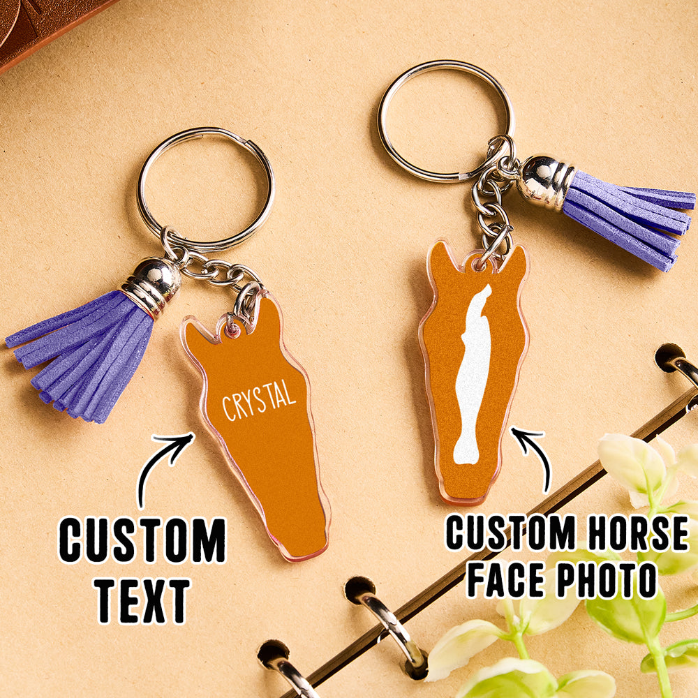 Personalised Horse Face Acrylic Keyring with Tassel — Custom Text Gift for Horse Lovers