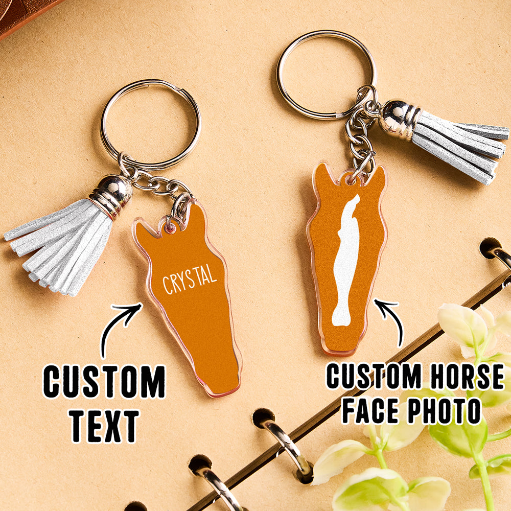 Personalised Horse Face Acrylic Keyring with Tassel — Custom Text Gift for Horse Lovers