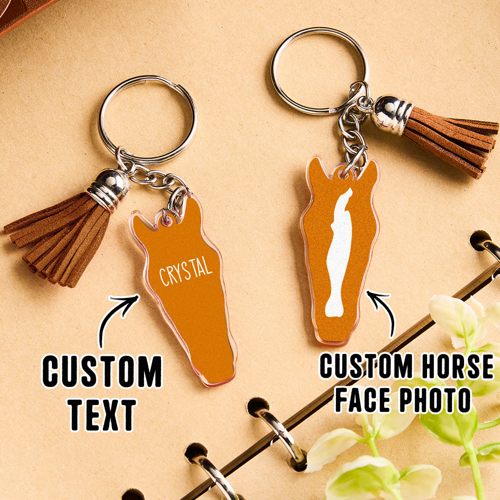 Personalised Horse Face Acrylic Keyring with Tassel — Custom Text Gift for Horse Lovers