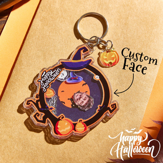 Personalised Hallowmas acrylic keyring with a funny face design; 7.3 x 6.5 cm novelty keyring, ideal gift