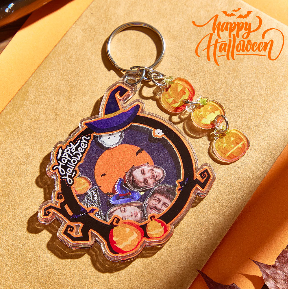 Rear view of personalised Hallowmas keyring showing metal split ring and customisation area for text or photo