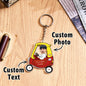 Custom car keychain display showing multiple colour options and personalised 'Drive Safe' text — personalised keyring gift for him