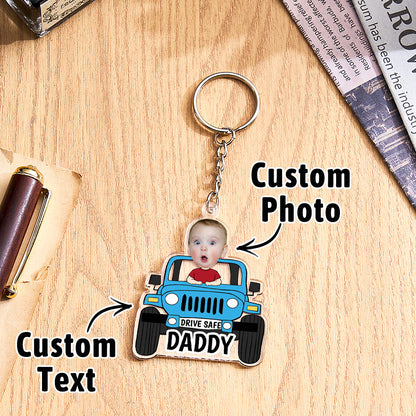 Personalised 'Drive Safe' acrylic car keyring for Dad — close-up of custom engraving and family silhouette, ideal Father's Day gift