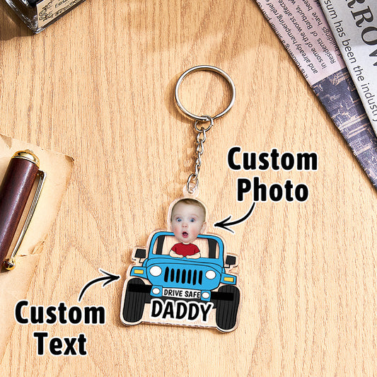Personalised 'Drive Safe' acrylic car keyring for Dad — close-up of custom engraving and family silhouette, ideal Father's Day gift