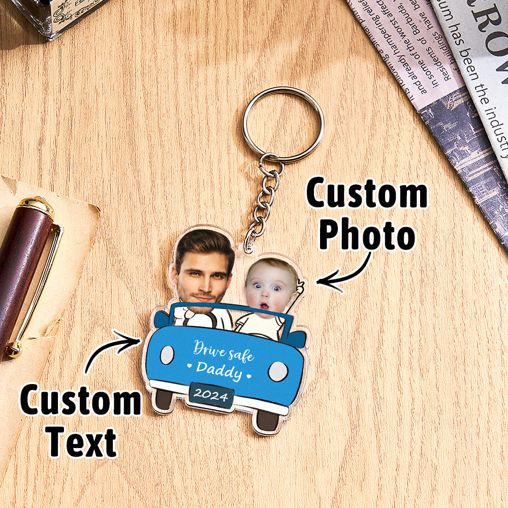 Compact personalised acrylic keychain featuring two child silhouettes — customisable Drive Safe keyring for families and dads