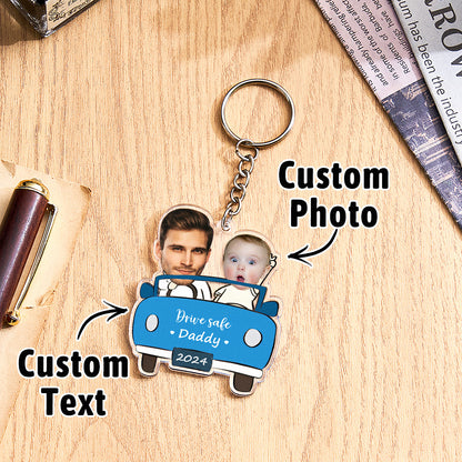 Compact personalised acrylic keychain featuring two child silhouettes — customisable Drive Safe keyring for families and dads