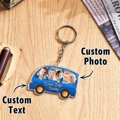 Front and back view of personalised acrylic keychain with custom text option — practical and sentimental personalised keyring for Dad